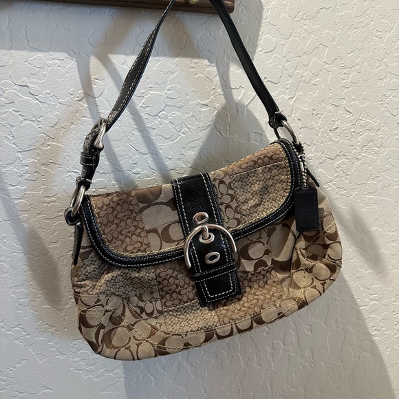 Coach purse handbag black leather with tan signature printed fabric - Picture 4 of 8